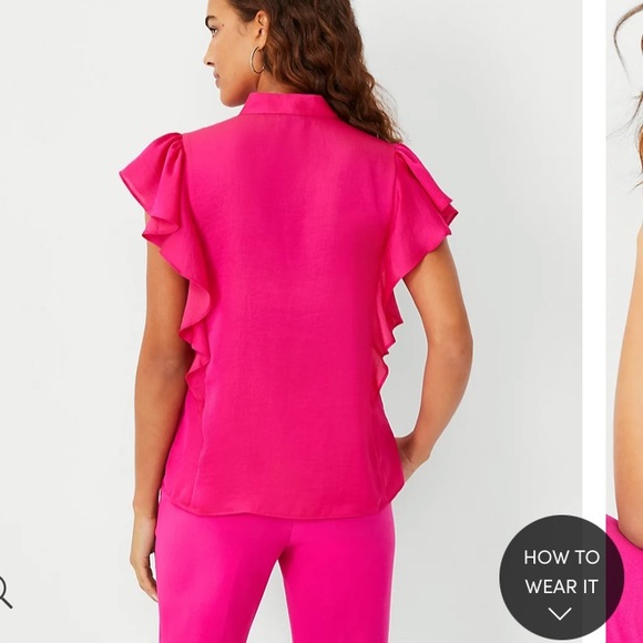 NWT Ann Taylor pink ruffle tie neck blouse size large - Picture 2 of 7